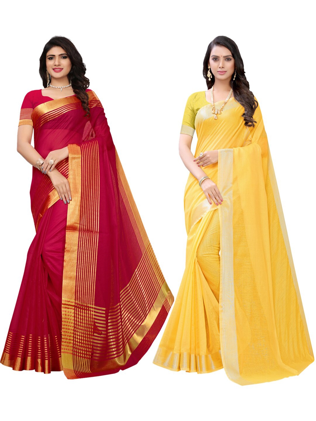 

KALINI Pack of 2 Cotton Blend Saree, Red