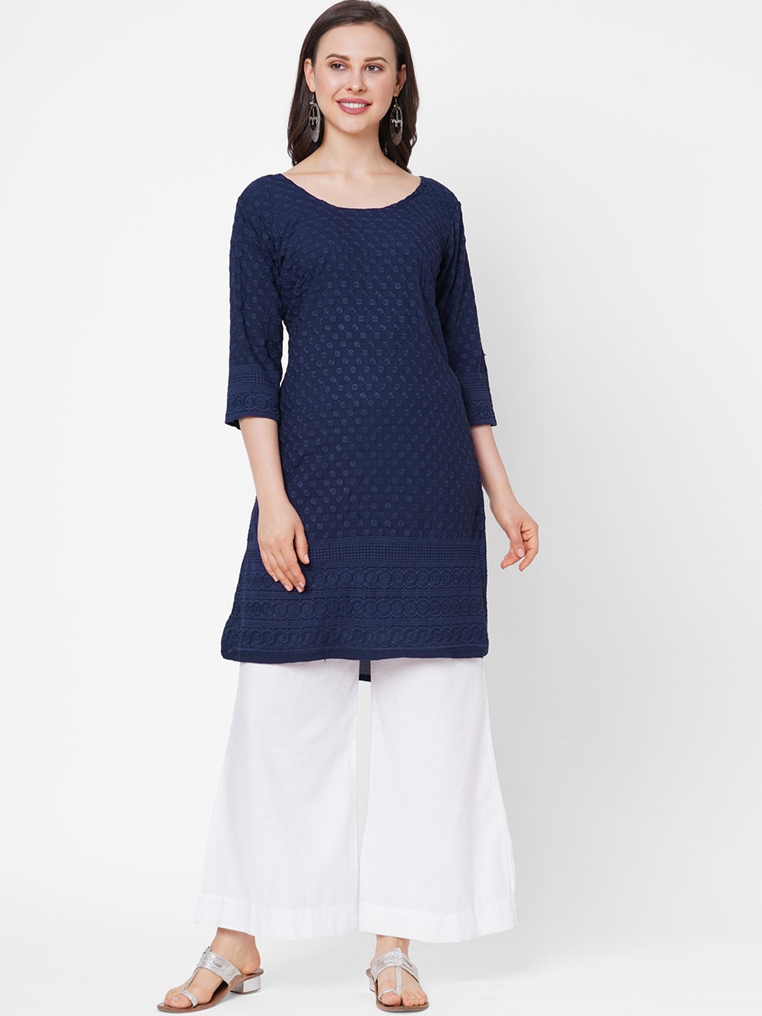 RedRound Women Navy Blue Floral Embroidered Chikankari Kurta