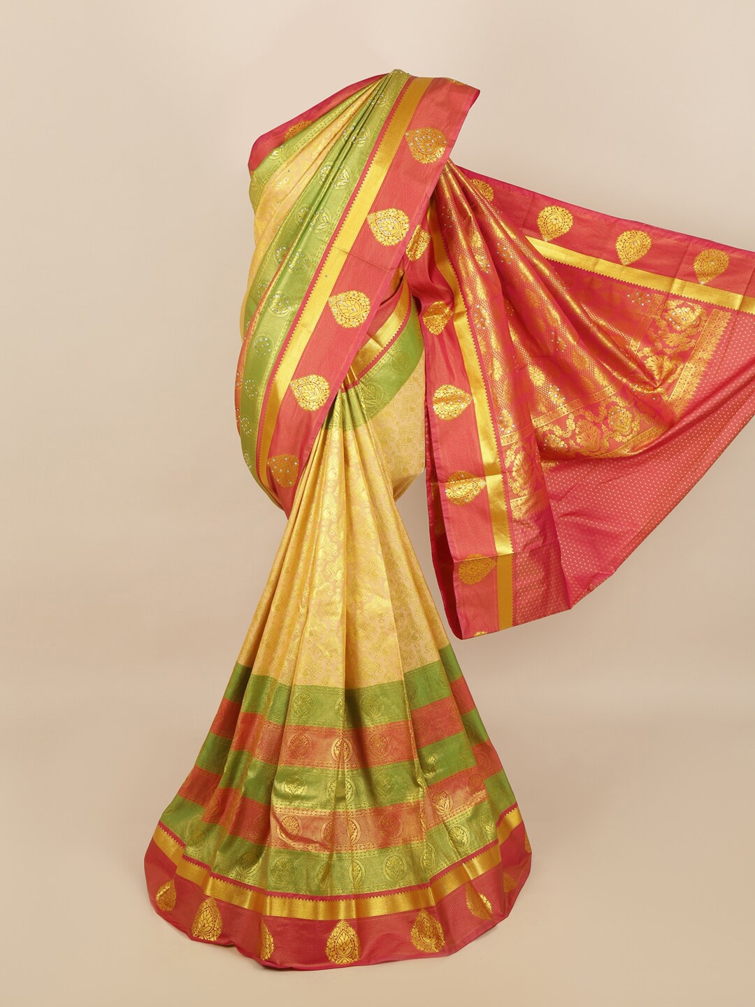 Pothys Cream-Coloured & Green Woven Design Zari Silk Blend Saree