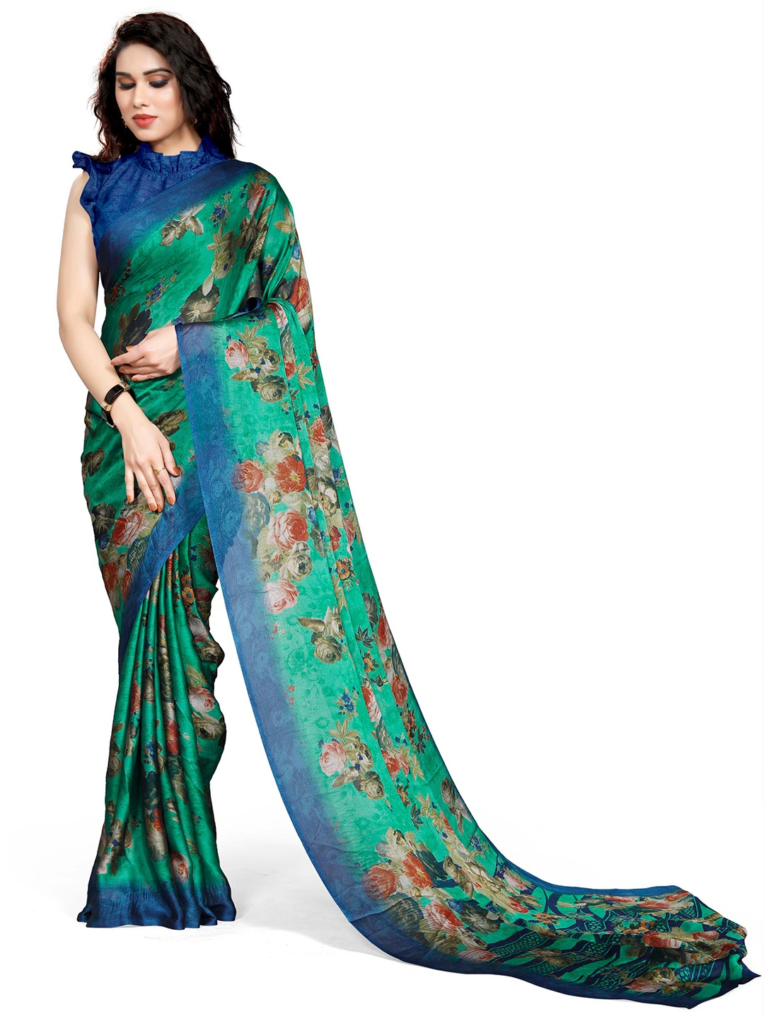 

KALINI Teal & Blue Floral Bagh Saree
