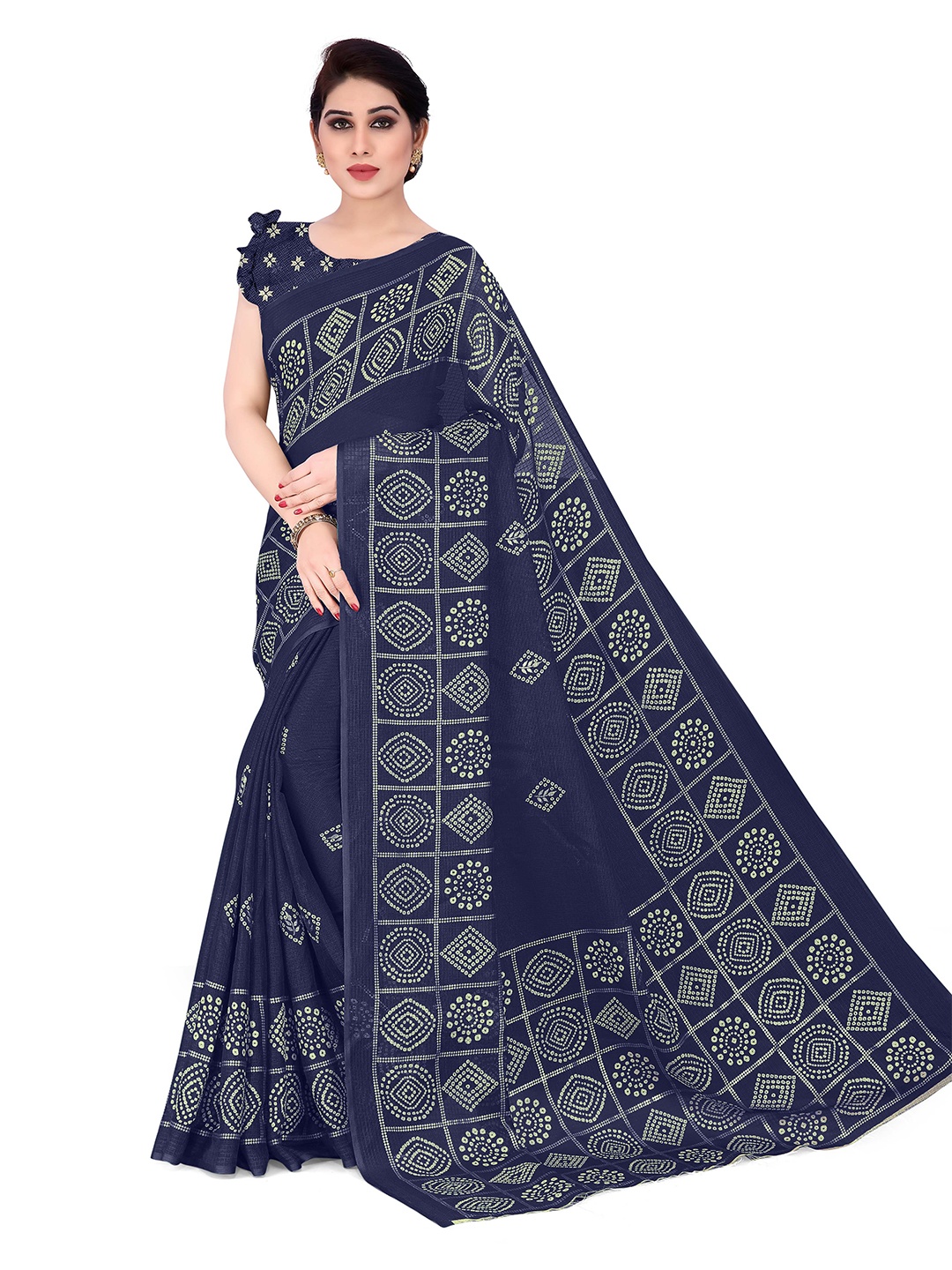 

KALINI Navy Blue & Off White Bandhani Supernet Kota Saree