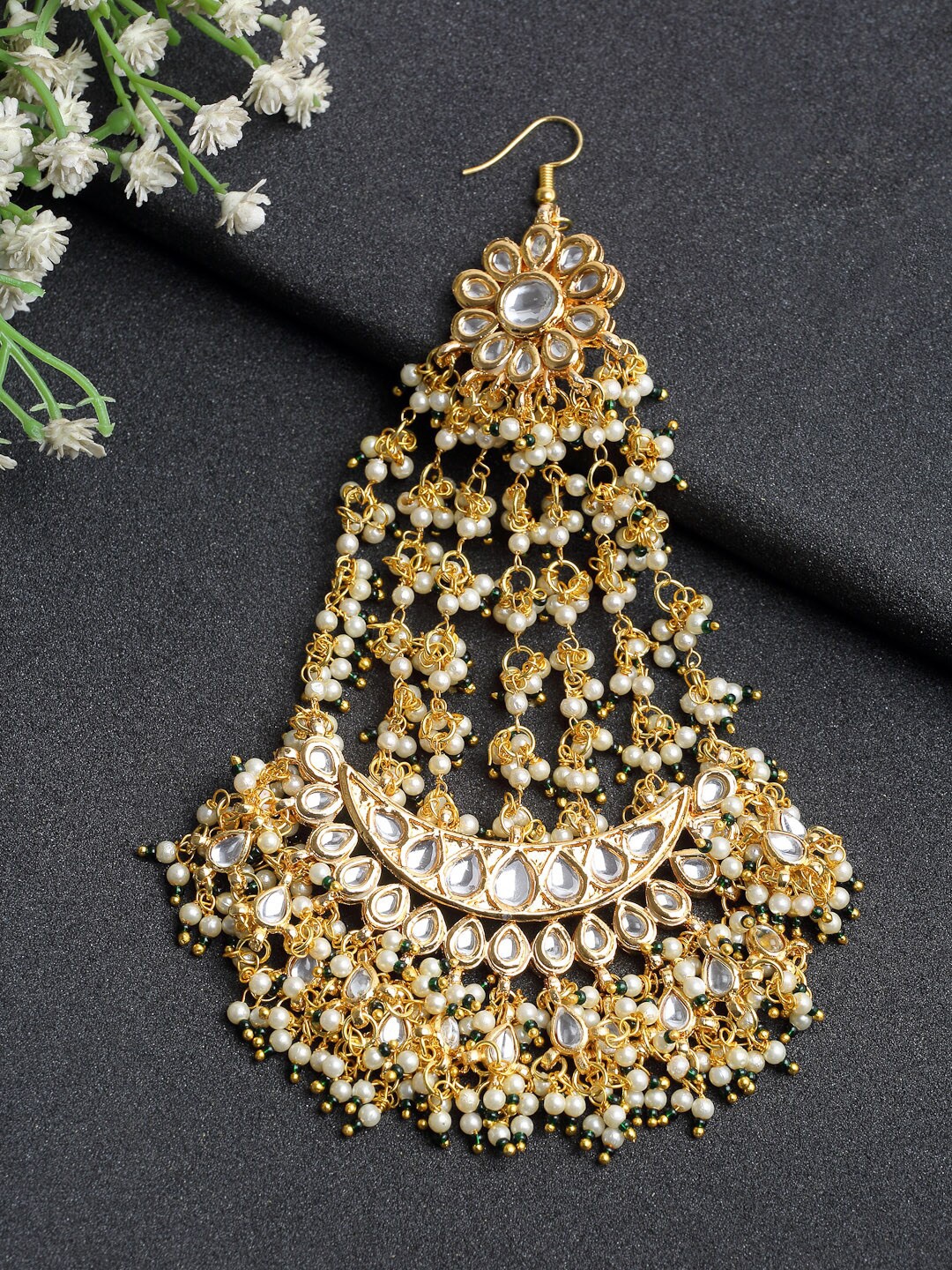 Ruby Raang Gold-Plated White & Green Kundan-Studded Beaded Jhoomar Passa Head Jewellery