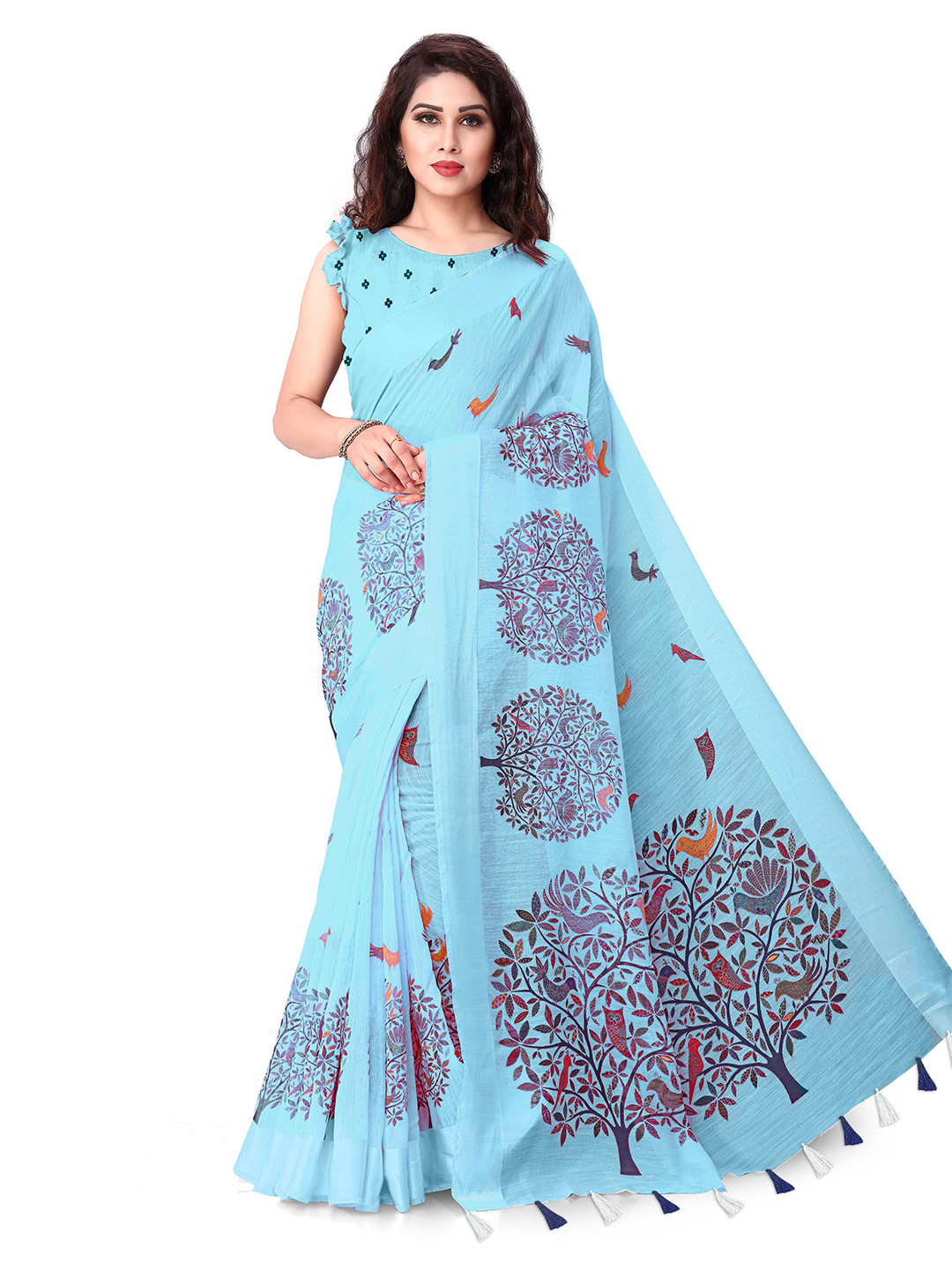 

KALINI Blue & Pink Ethnic Motifs Baluchari Saree