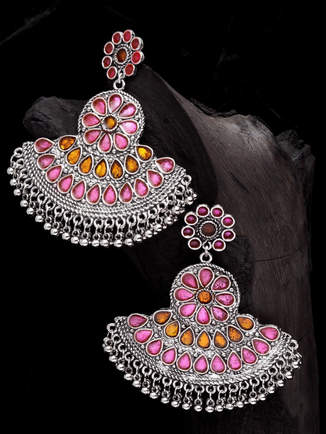 

Moedbuille Silver-Plated Pink Hand Painted Meenakari Contemporary Chandbalis Earrings