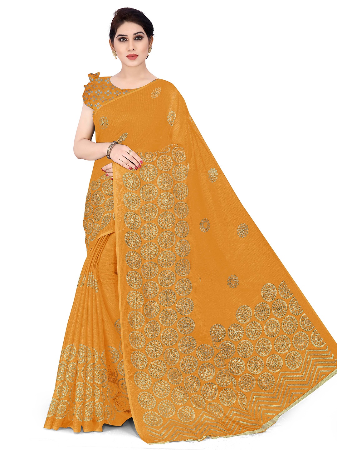 

KALINI Mustard & Gold-Toned Ethnic Motifs Supernet Kota Saree