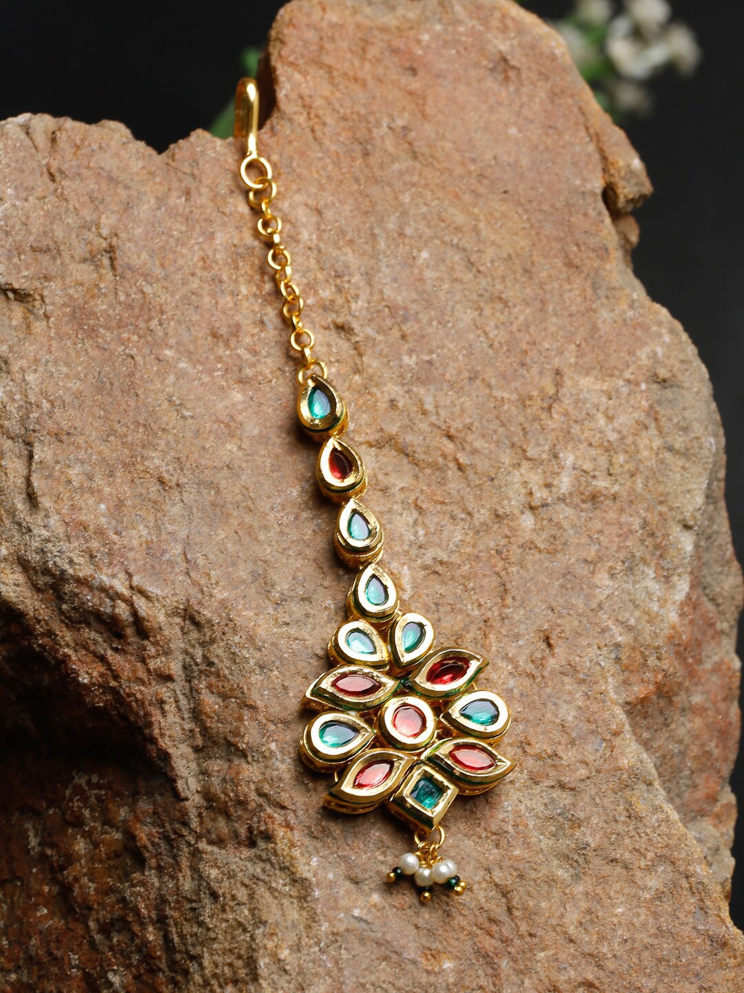 

Ruby Raang Gold-Plated Green Pearl & Kundan-Studded Maangtika