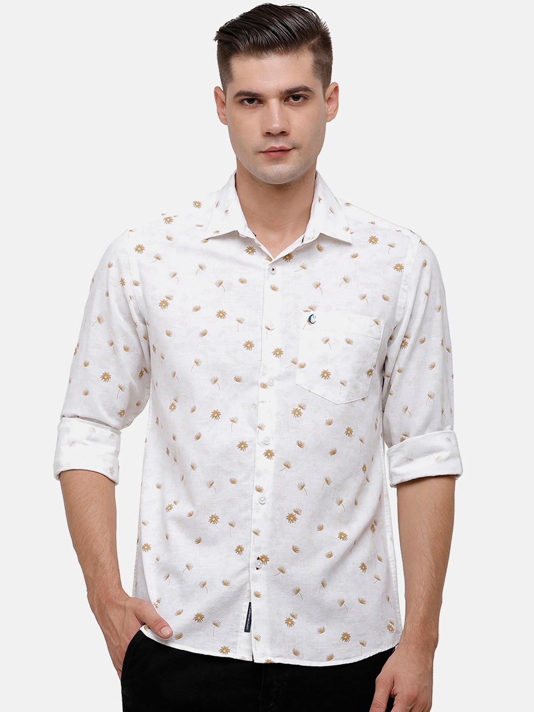 

CAVALLO by Linen Club Men Off White & Brown Printed Linen-Cotton Casual Shirt