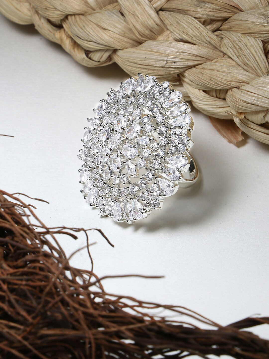 

Adwitiya Collection Rhodium-Plated Silver-Toned AD-Studded Adjustable Finger Ring