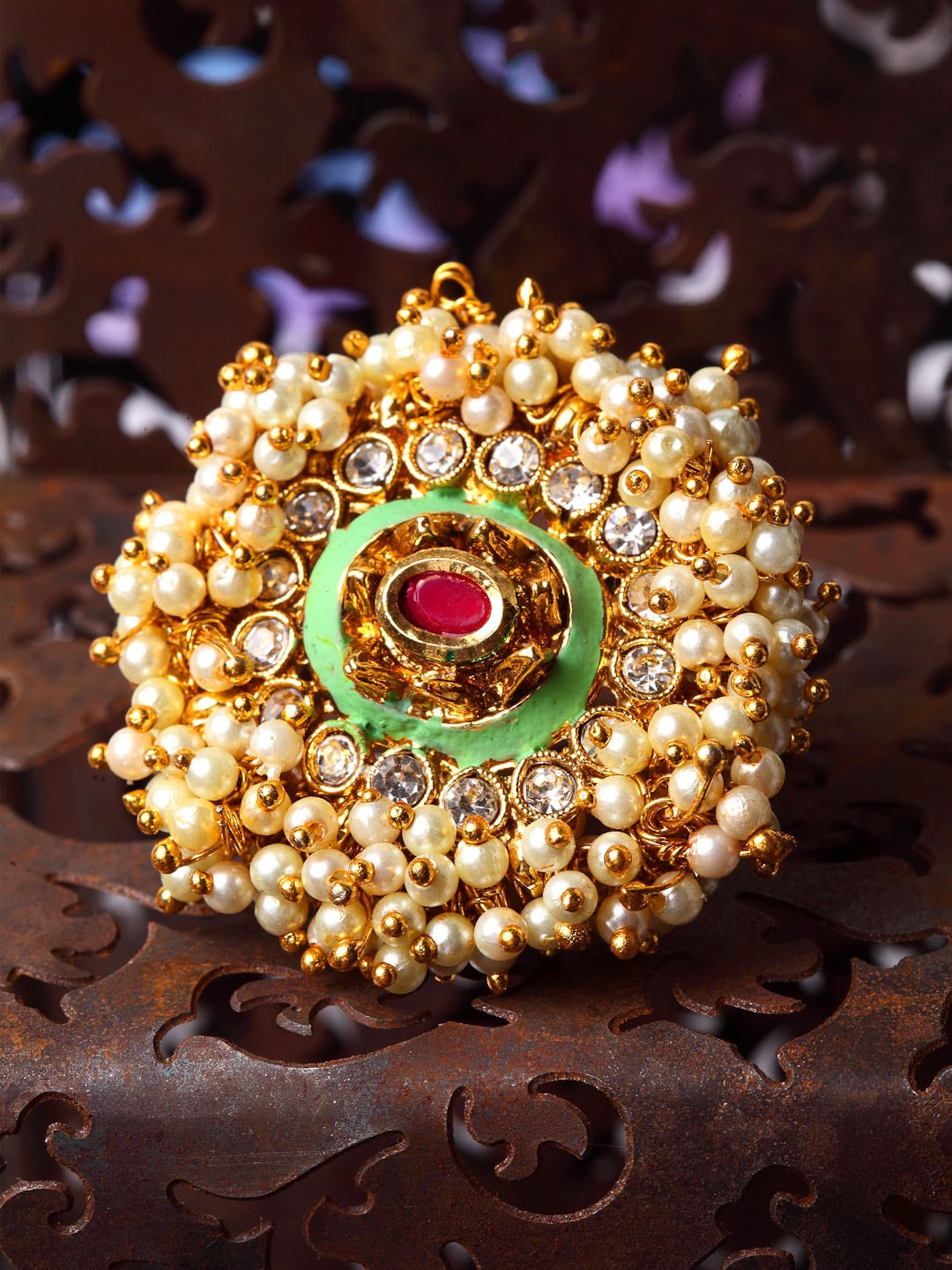 

Shining Diva Gold-Plated Cream-Coloured & Sea Green Stone-Studded Pearl Beaded Enameled Adjustable Finger Ring