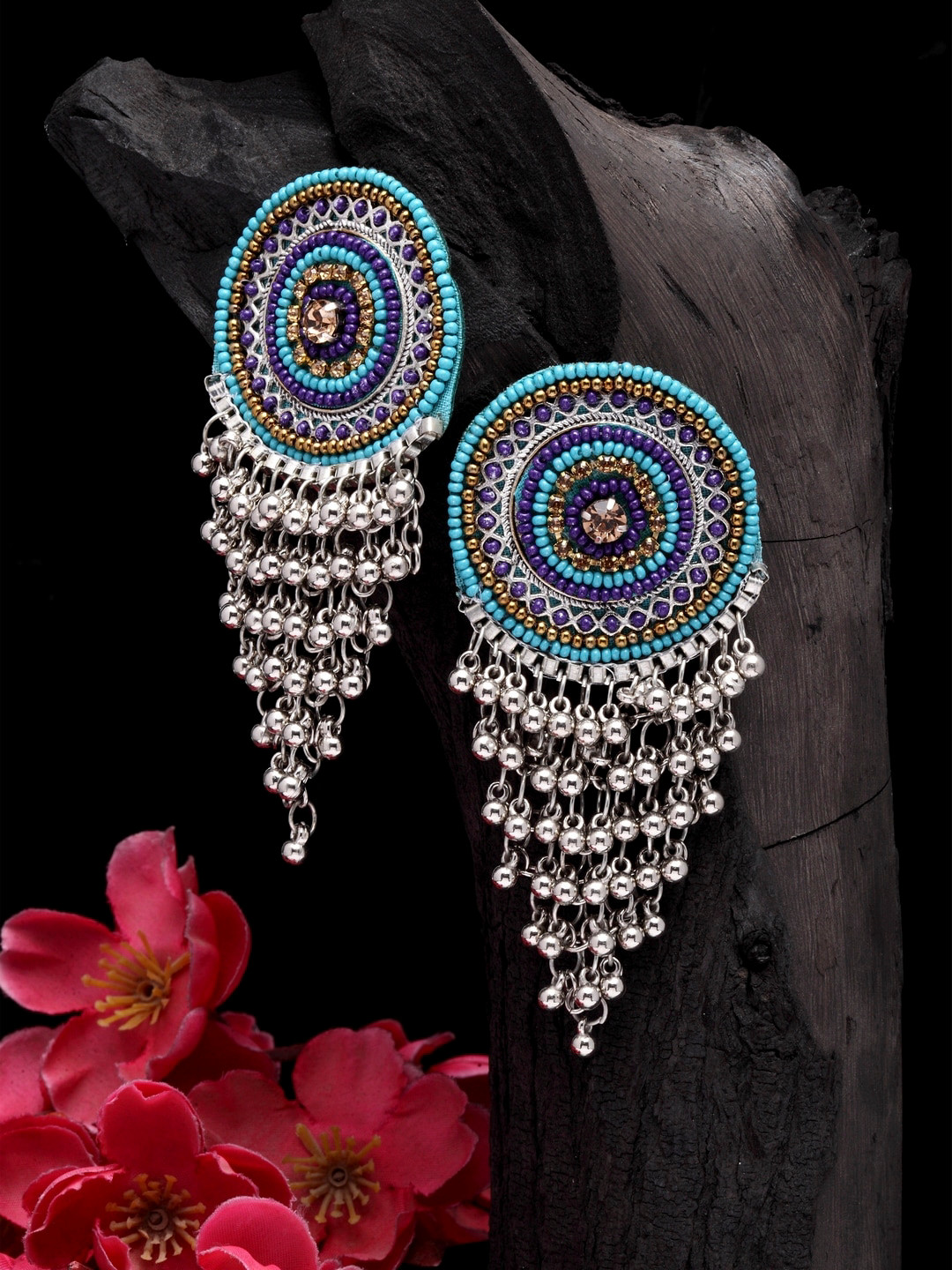 

Moedbuille Turquoise Blue Silver-Plated Oxidised Afghani Drop Earrings