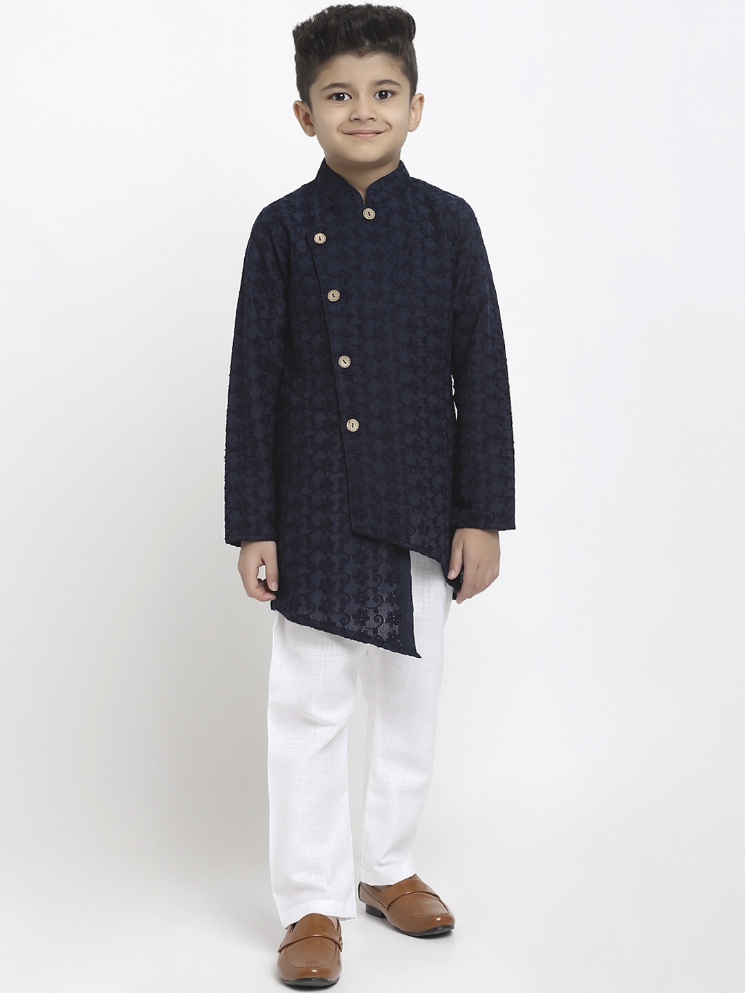 

TREEMODA Boys Navy Blue Embroidered Cotton Chikankari Kurta With Pyjamas