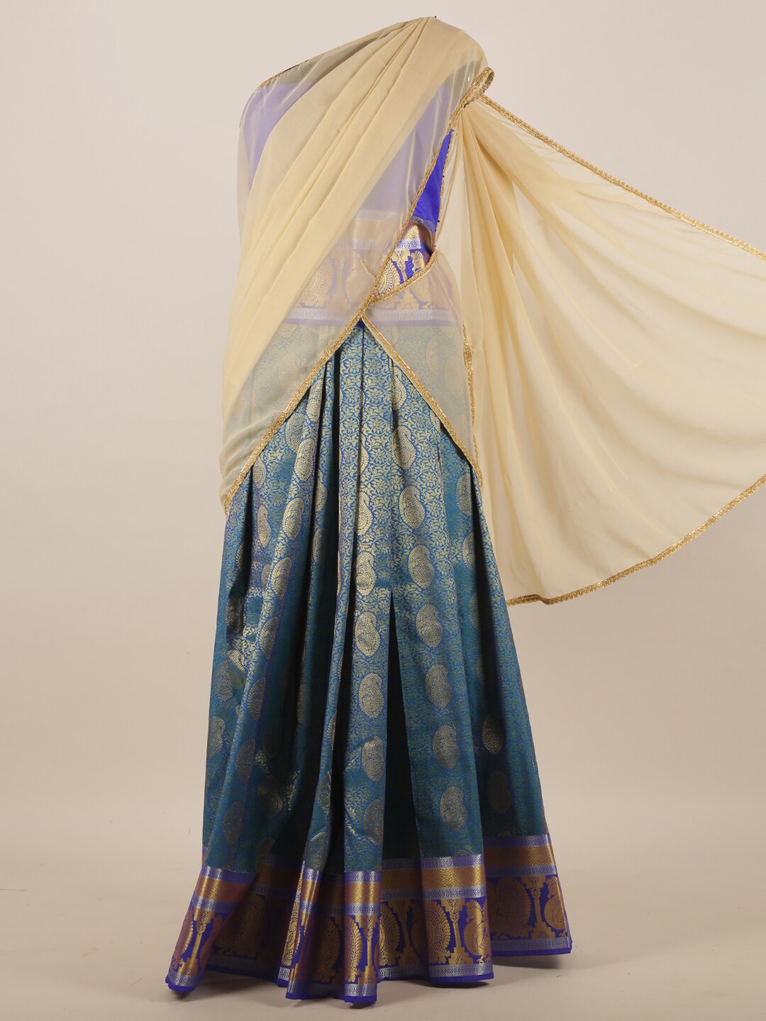 

Pothys Teal & Cream-Coloured Woven Design Half Saree