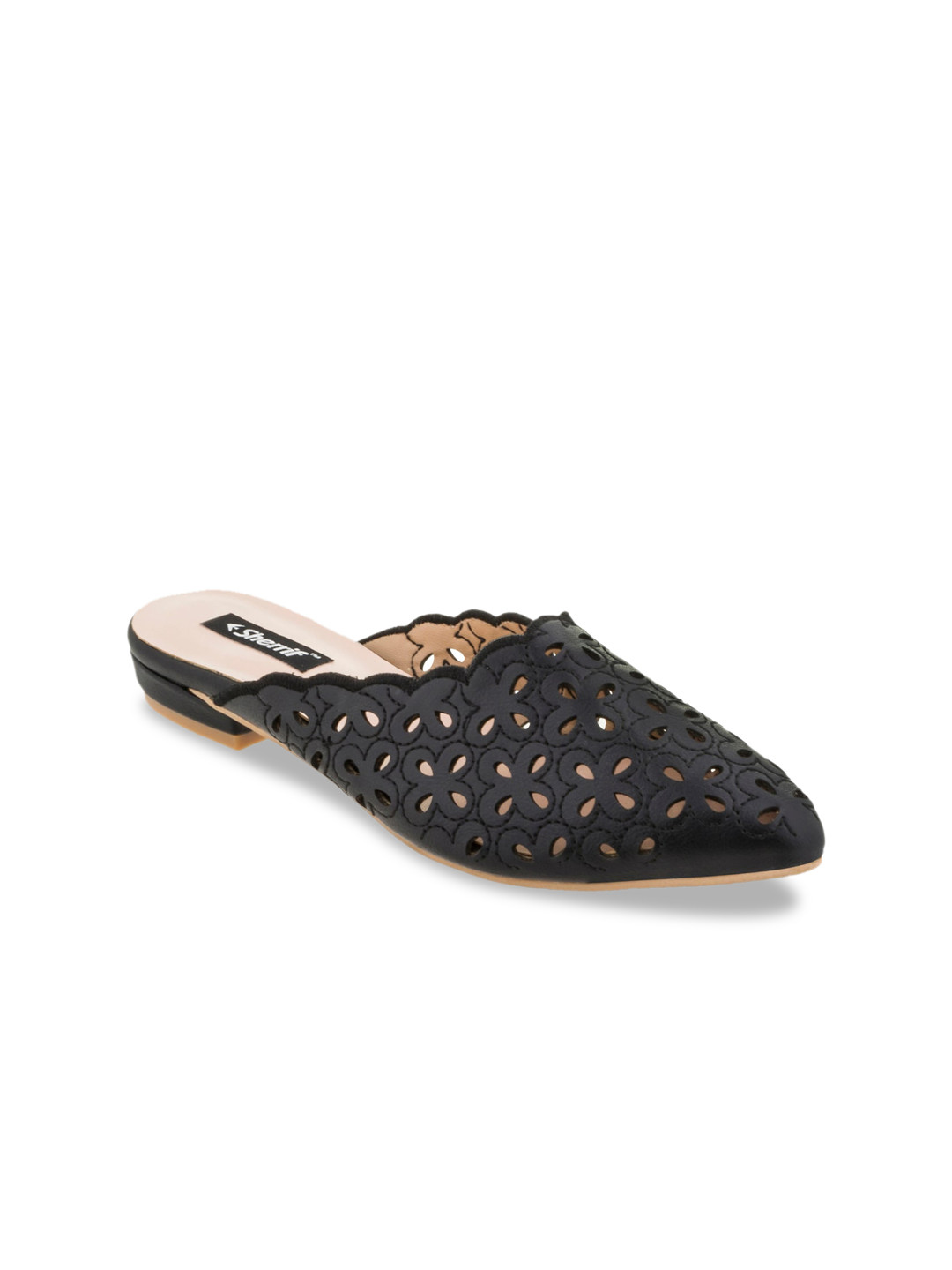 

Sherrif Shoes Women Black Mules with Laser Cuts Flats