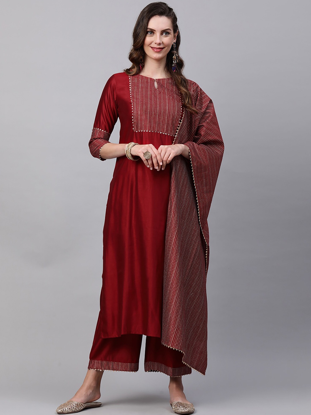 

Indo Era Women Red Yoke Design Kurta with Palazzos & With Dupatta