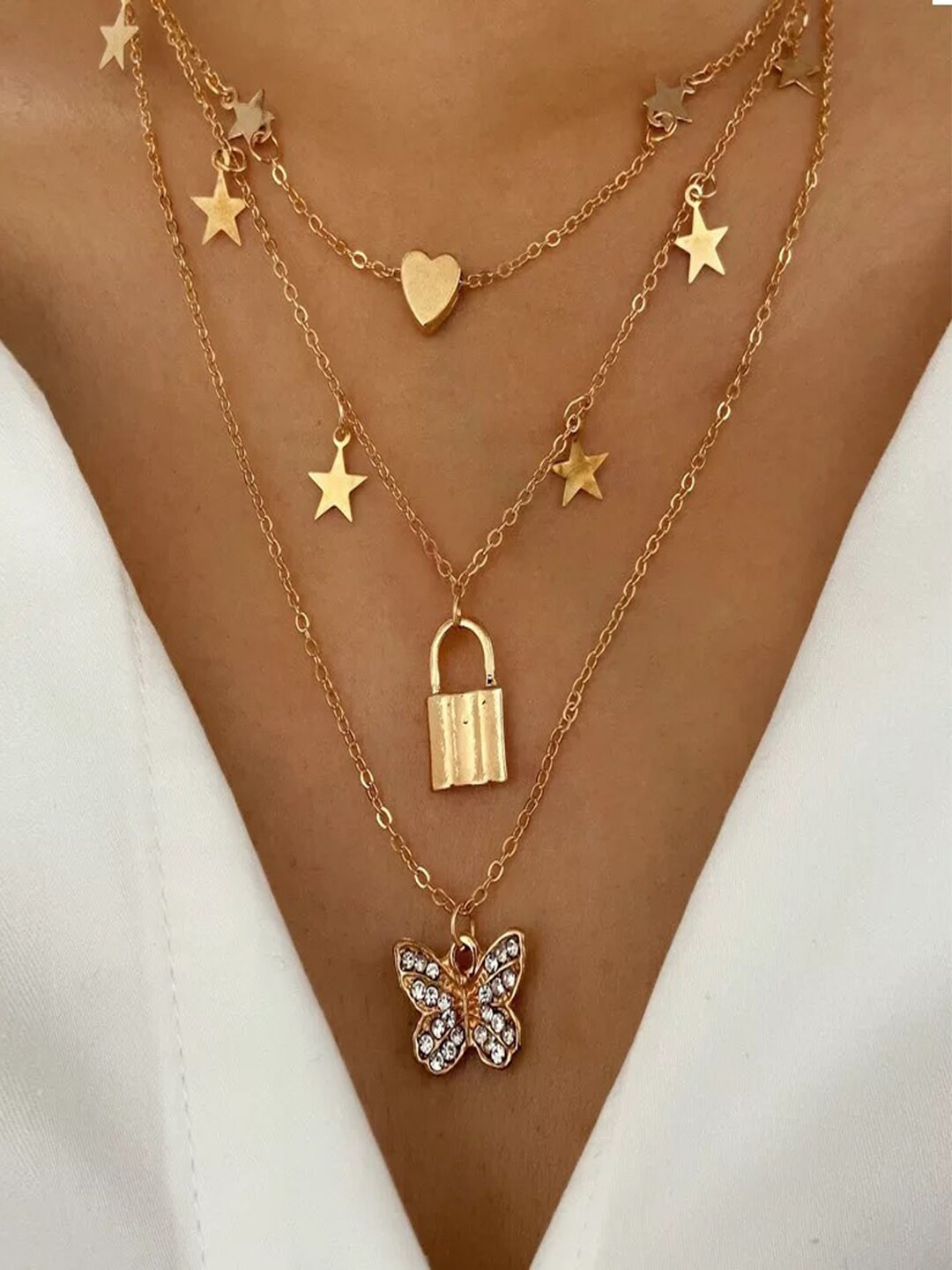 

Shining Diva Fashion Gold-Toned White Gold-Plated Layered Necklace