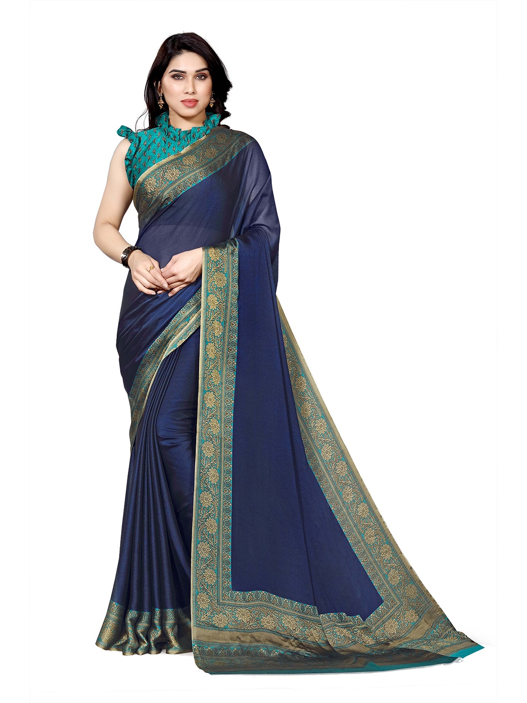 

KALINI Blue & Gold-Toned Chiffon Saree