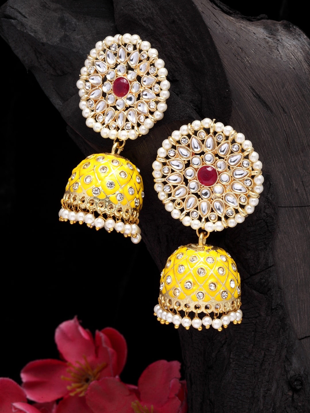 

Moedbuille Gold-Plated & Yellow Hand Painted Meenakari Contemporary Jhumkas