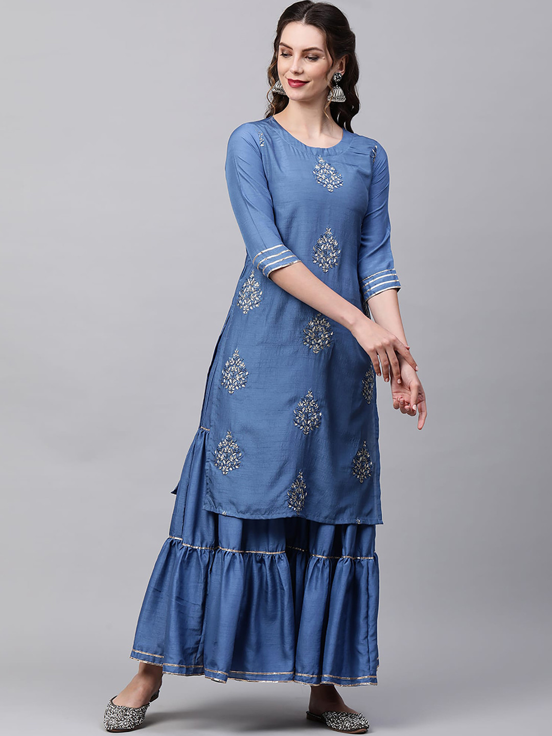 

Indo Era Women Blue Ethnic Motifs Embroidered Kurta with Sharara