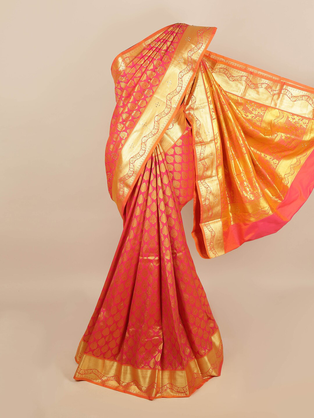 

Pothys Pink & Gold-Toned Ethnic Motifs Woven Design Silk Blend Saree