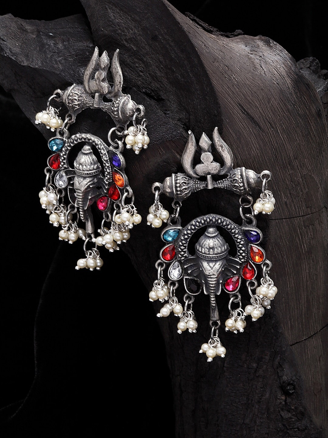

Moedbuille Silver-Plated Oxidised Ganesha Look Drop Earrings, Multi