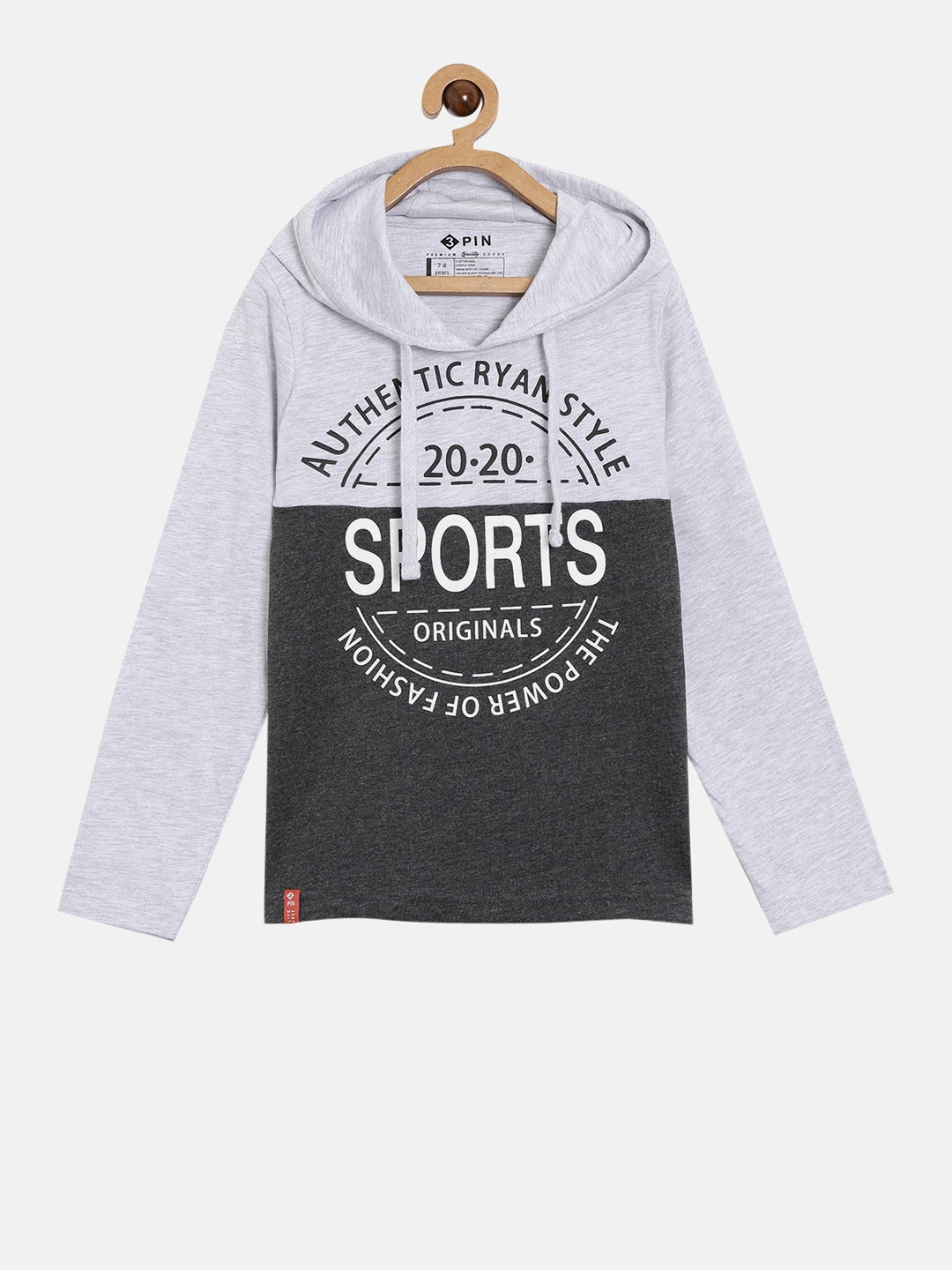 3PIN Boys Grey Colourblocked Cotton Hooded Pure Cotton T-shirt