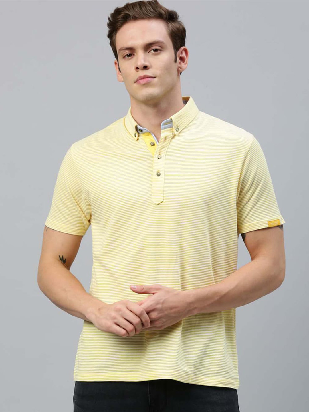 

RARE RABBIT Men Yellow Striped Polo Collar Slim Fit T-shirt