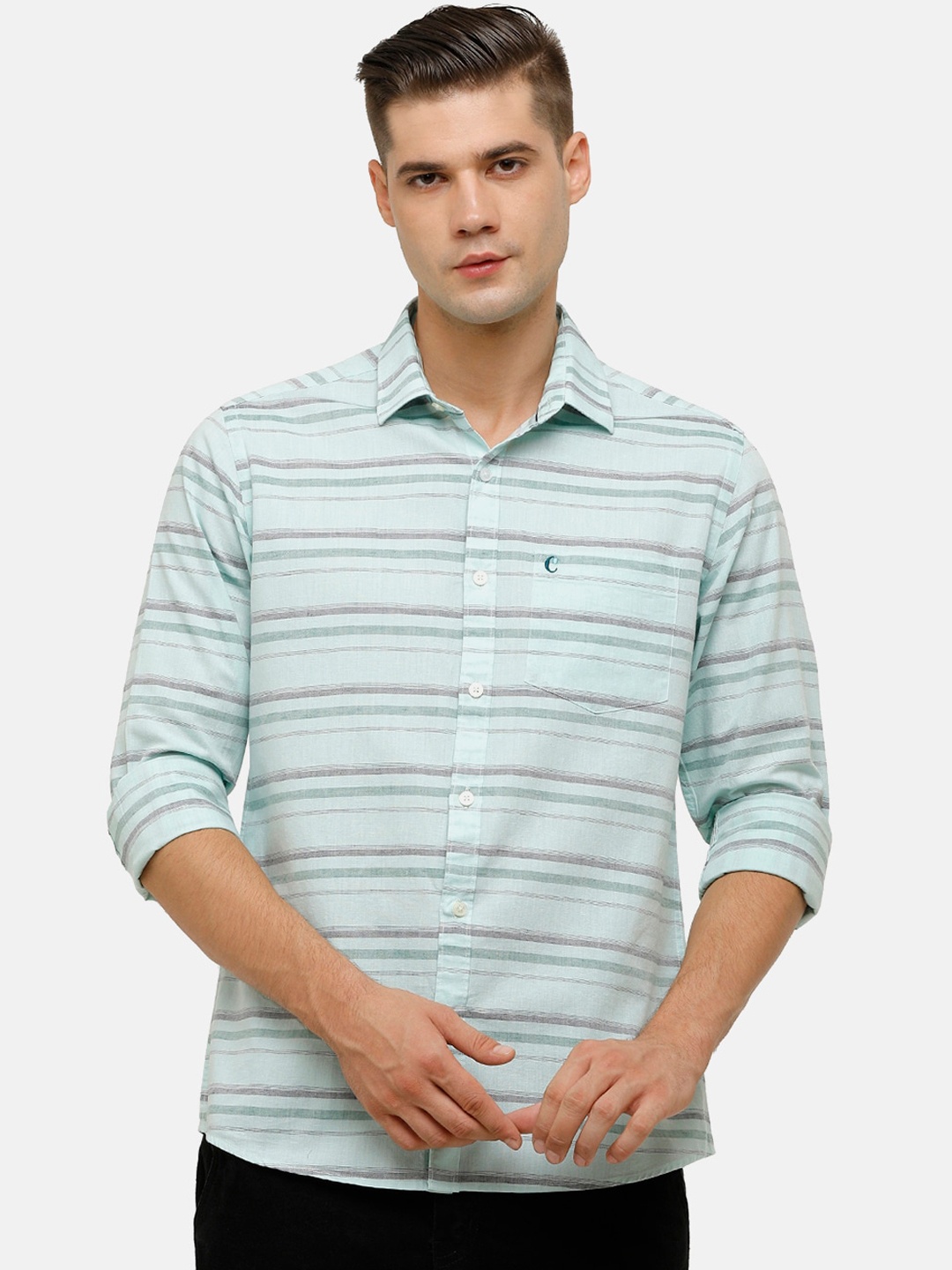 

CAVALLO by Linen Club Men Green & Grey Horizontal Striped Linen Cotton Casual Shirt