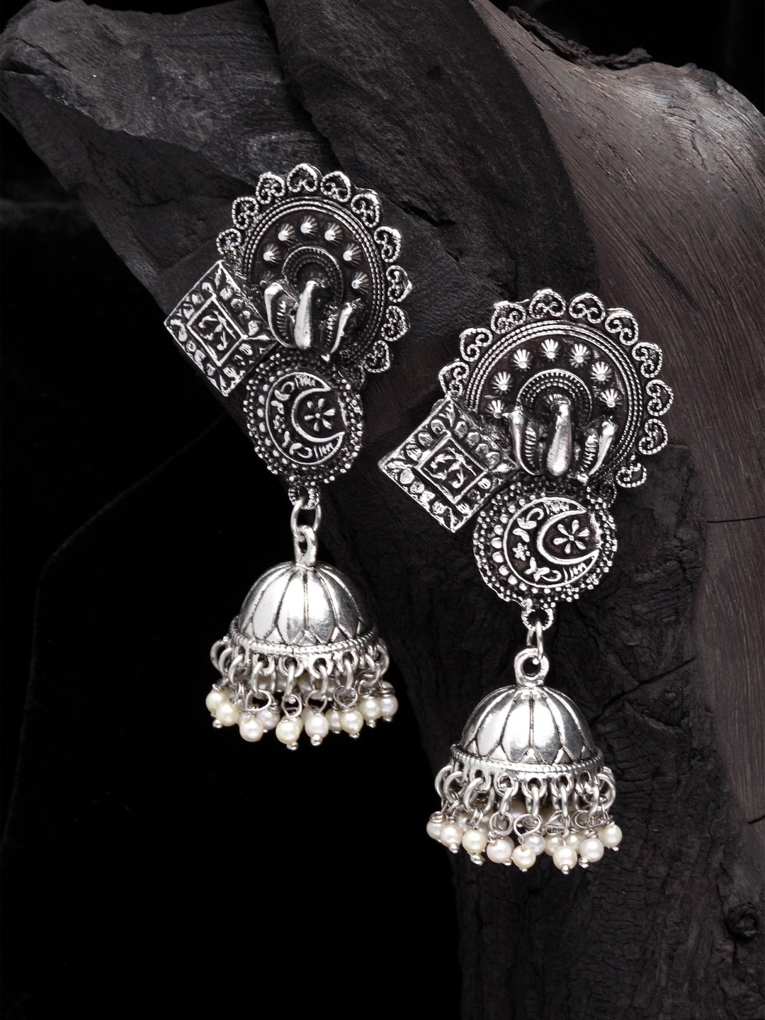 

Moedbuille Silver-Plated Oxidised Peacock Shaped Jhumkas Earrings