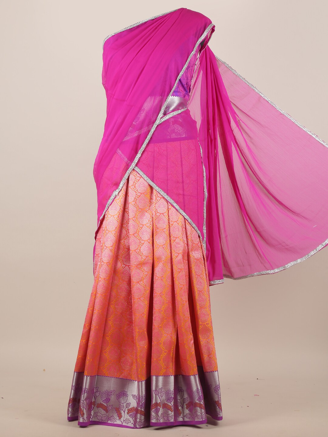 

Pothys Peach & Purple Coloured Woven Design Zari Half Lehenga Saree