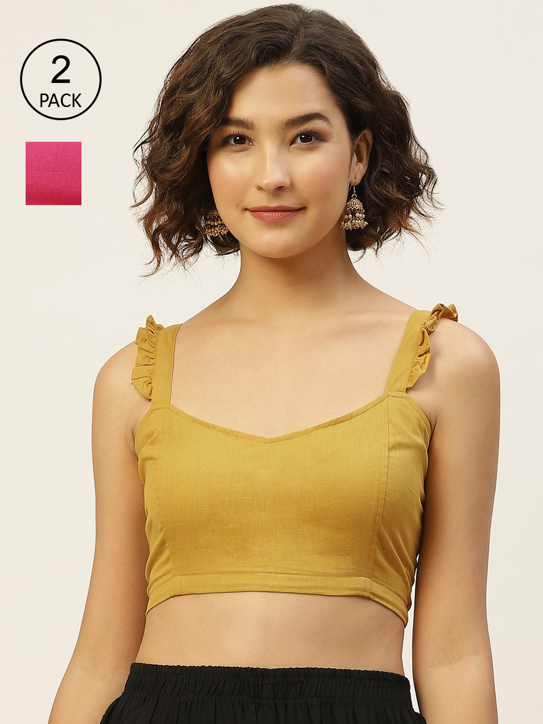 

Molcha Women Pack Of 2 Solid Pure Cotton Saree Blouses, Mustard