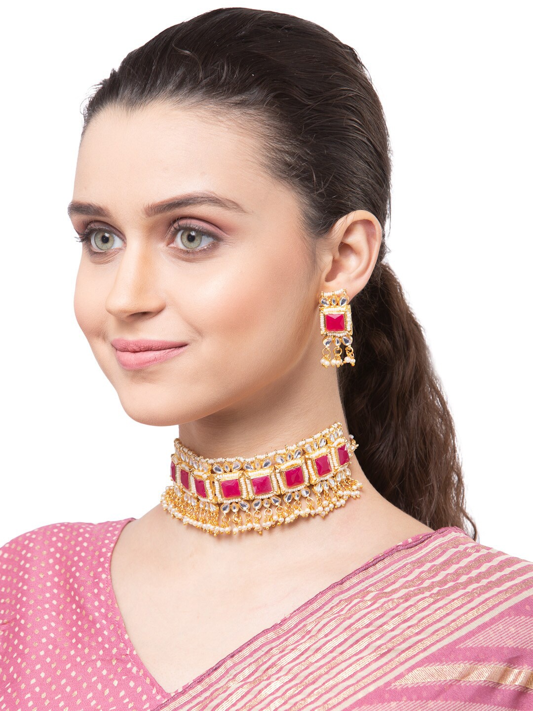 Shining Diva Gold-Plated Red & White Kundan-Studded Beaded Jewellery Set