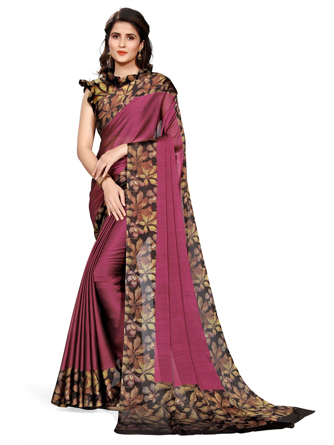 

KALINI Pink & Brown Floral Bagh Saree