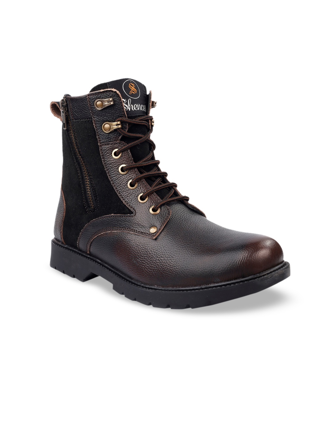 

SHENCES Men Brown Leather High-Top Flat Boots