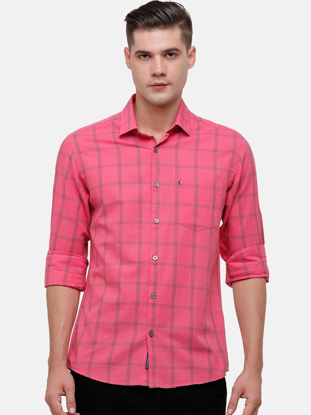 

CAVALLO by Linen Club Men Red & Grey Windowpane Checked Cotton Linen Casual Shirt