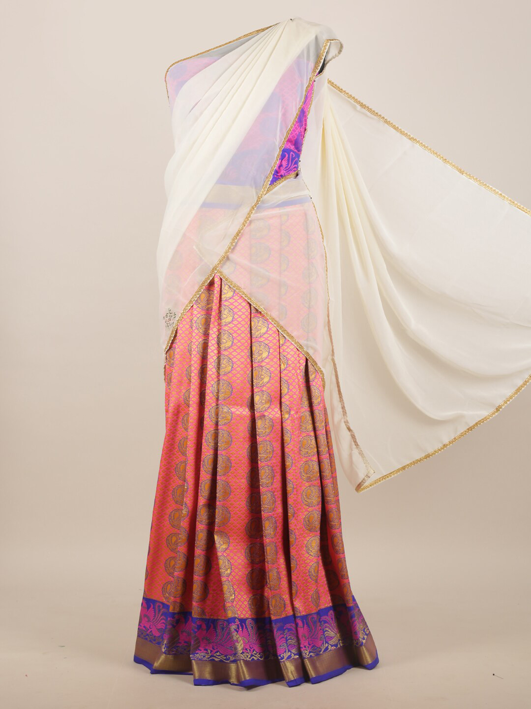 

Pothys Cream-Coloured & Pink Woven Design Half Lehenga Saree