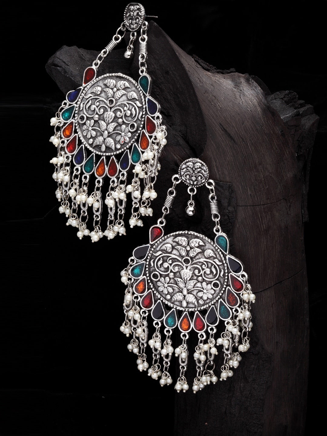 

Moedbuille Silver-Plated & Red Hand Painted Meenakari Contemporary Drop Earrings