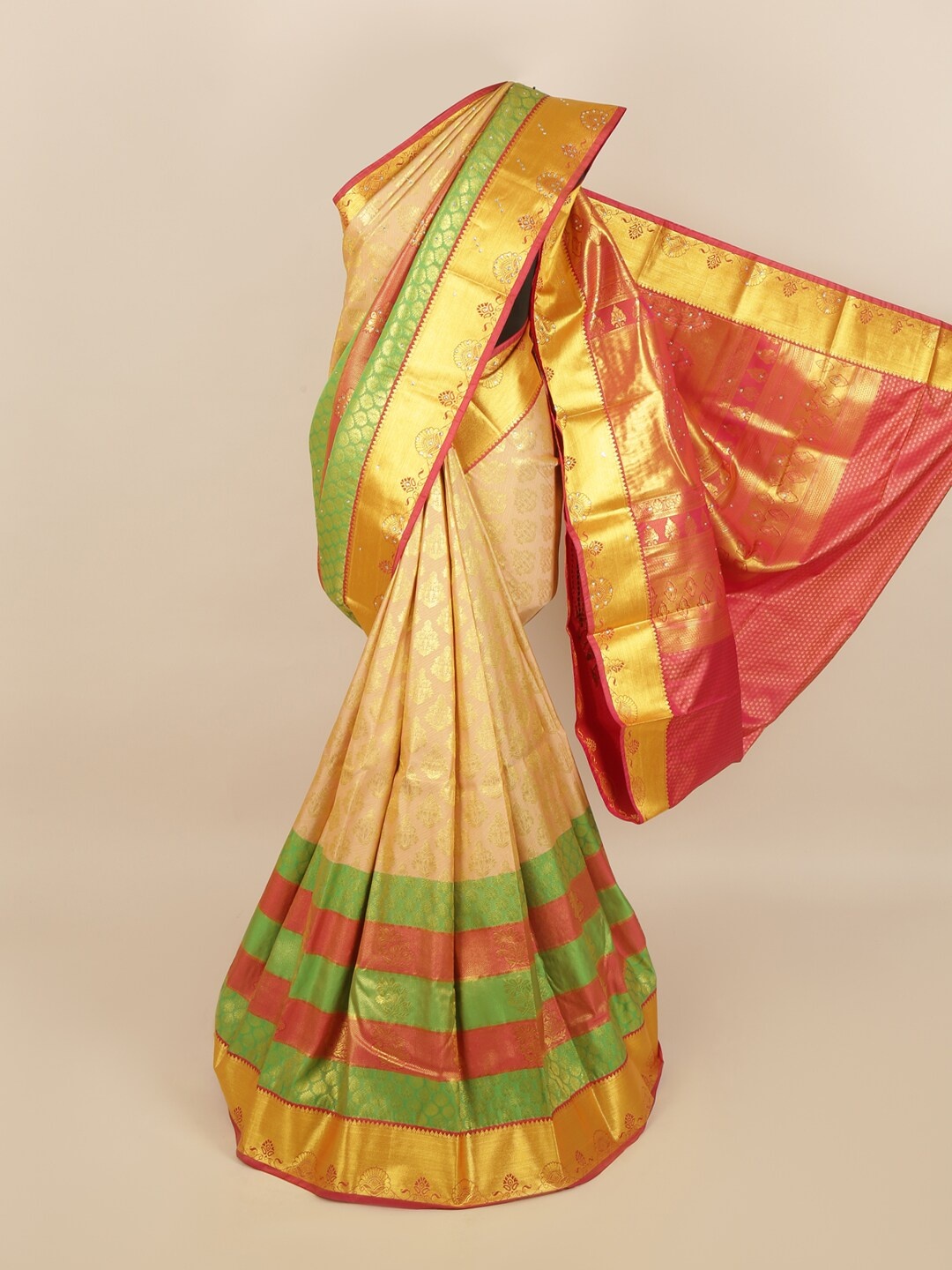 

Pothys Peach & Green Silk Blend Woven Designed saree