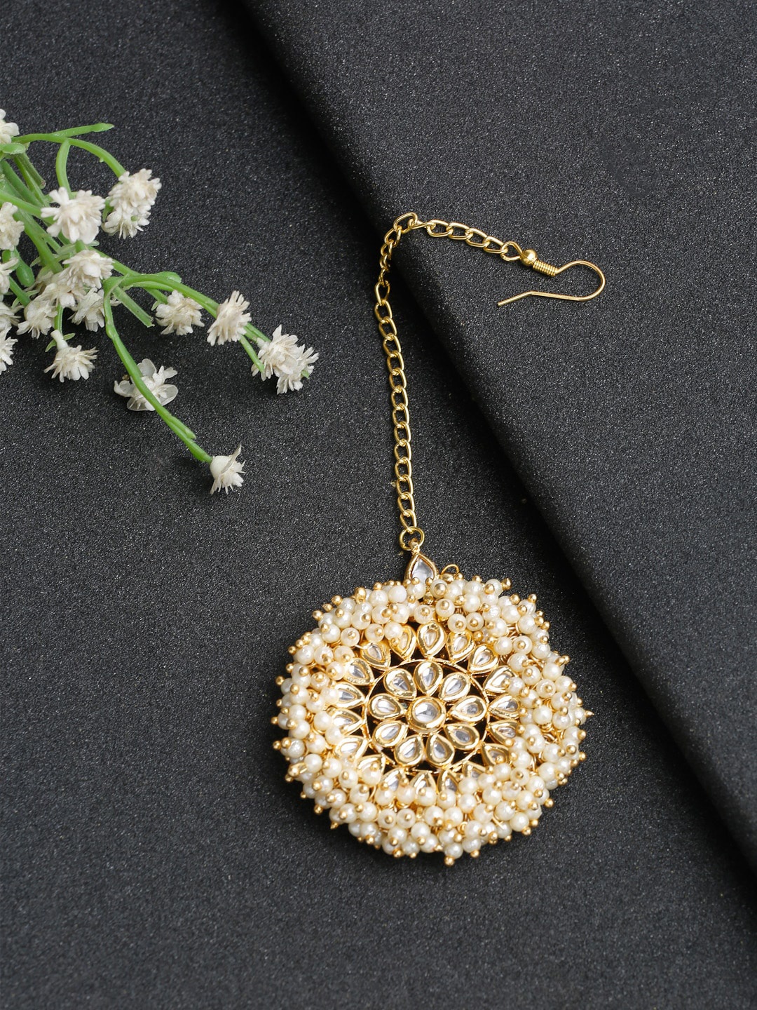 Ruby Raang Gold-Plated White Kundan-Studded & Beaded Maangtikka