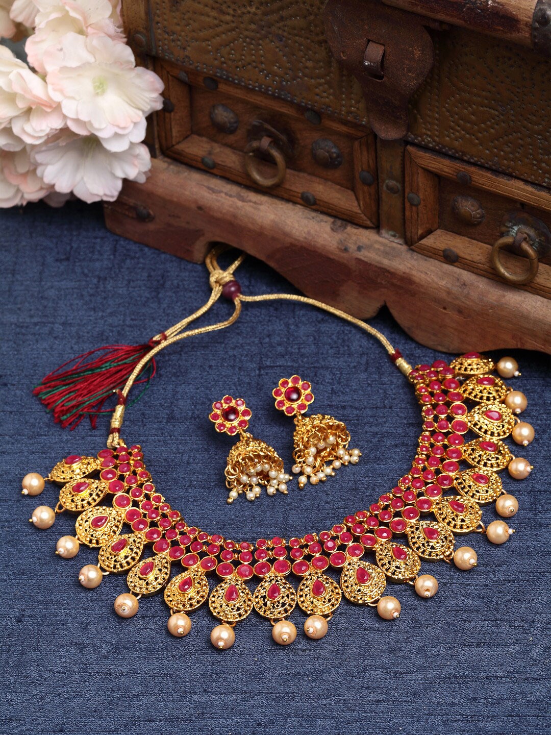 

Shining Diva Gold-Plated & Pink Stone-Studded Pearl Beaded Jewellery Set