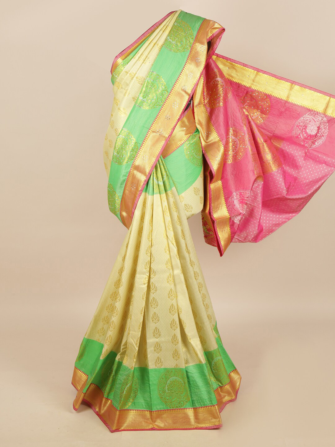 

Pothys Cream-Coloured & Green Ethnic Motifs Silk Blend Saree