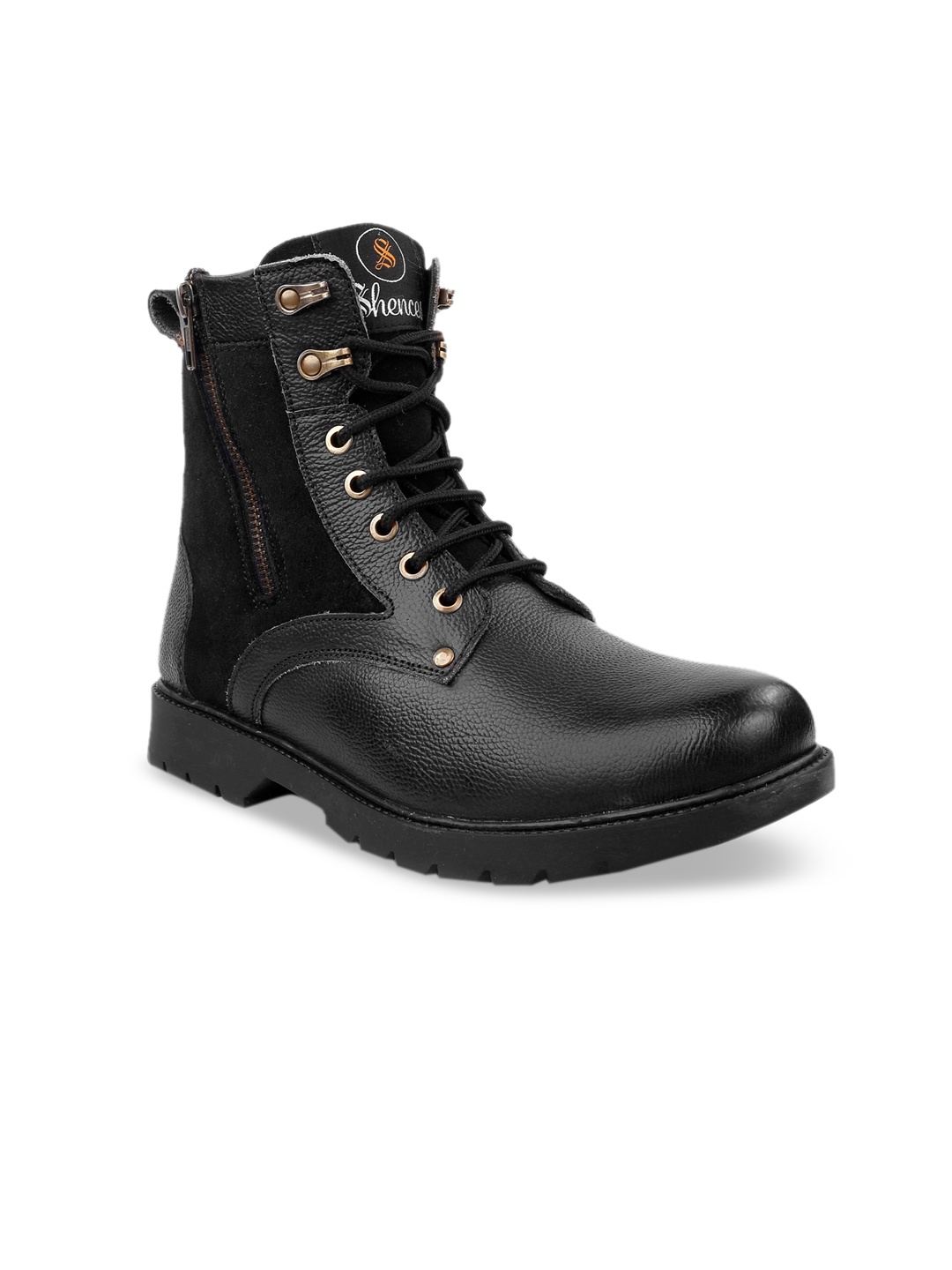 

SHENCES Men Black Leather High-Top Flat Boots