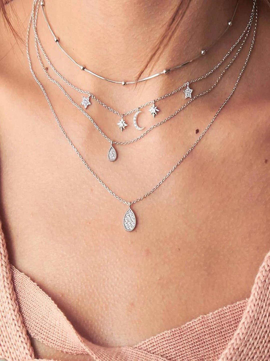 

Shining Diva Fashion Silver-Toned Silver-Plated Layered Necklace
