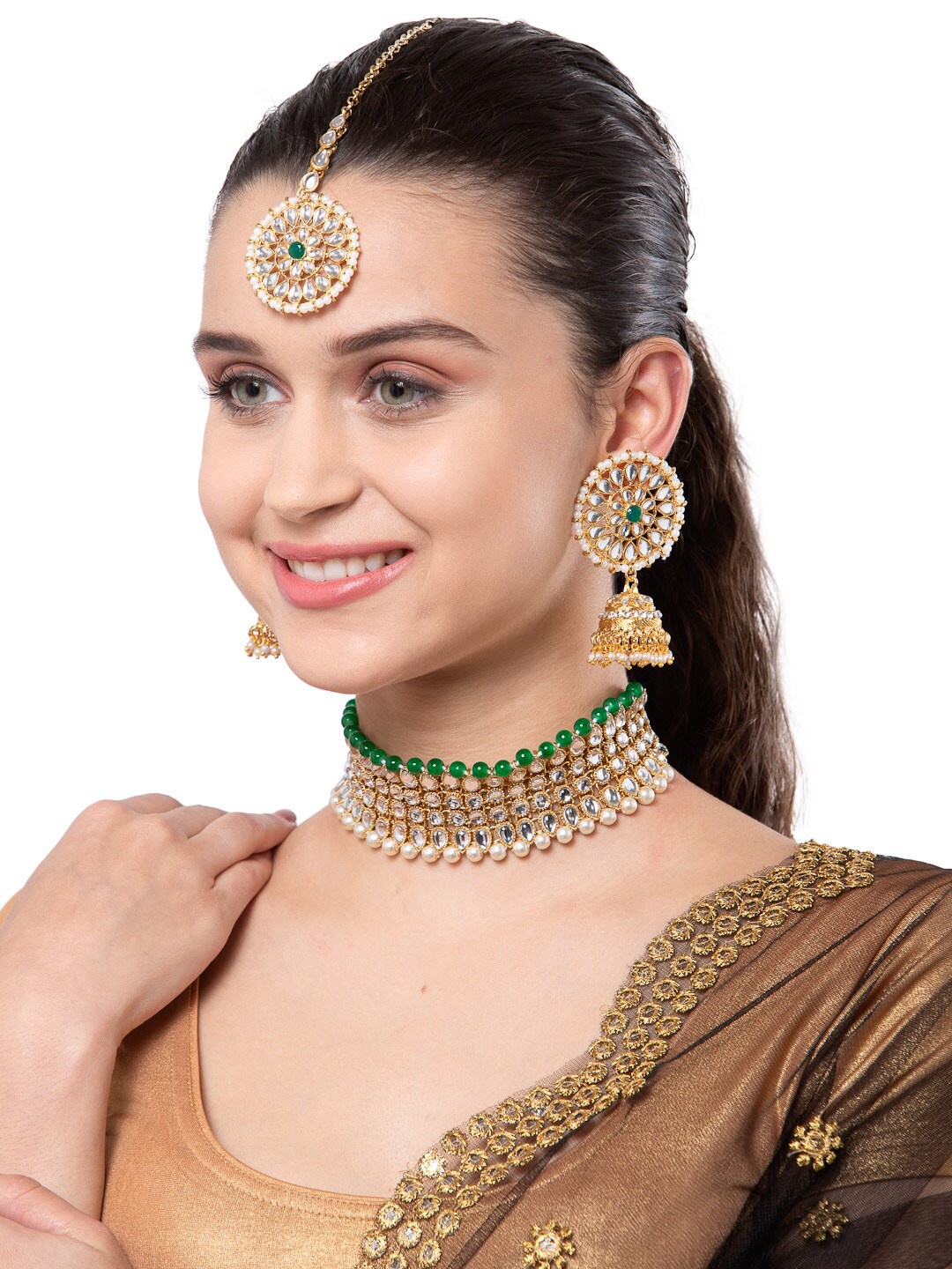 

Shining Diva Gold-Plated Green & White Kundan-Studded Choker Jewellery Set