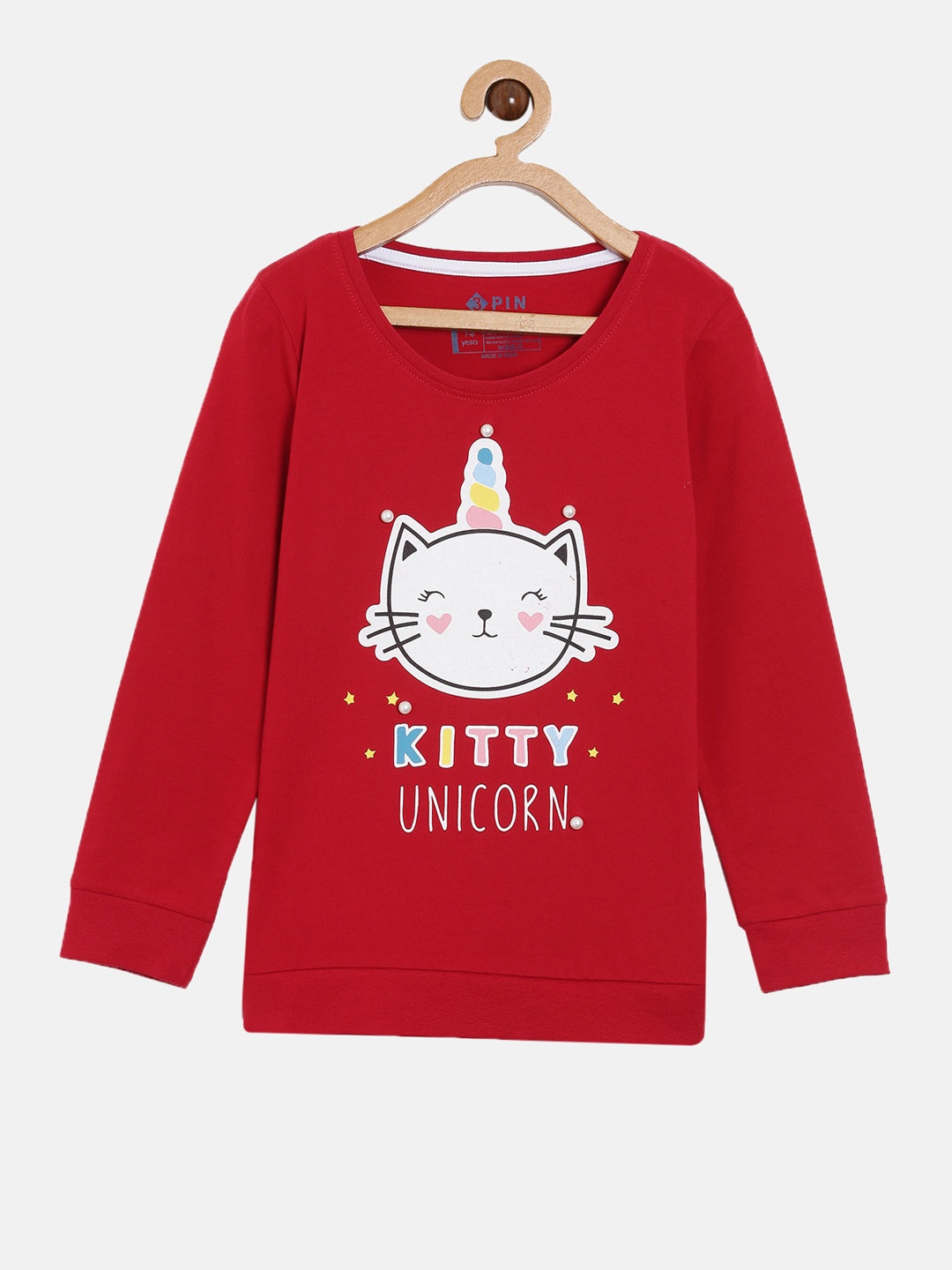 3PIN Girls Red Typography Printed Applique T-shirt