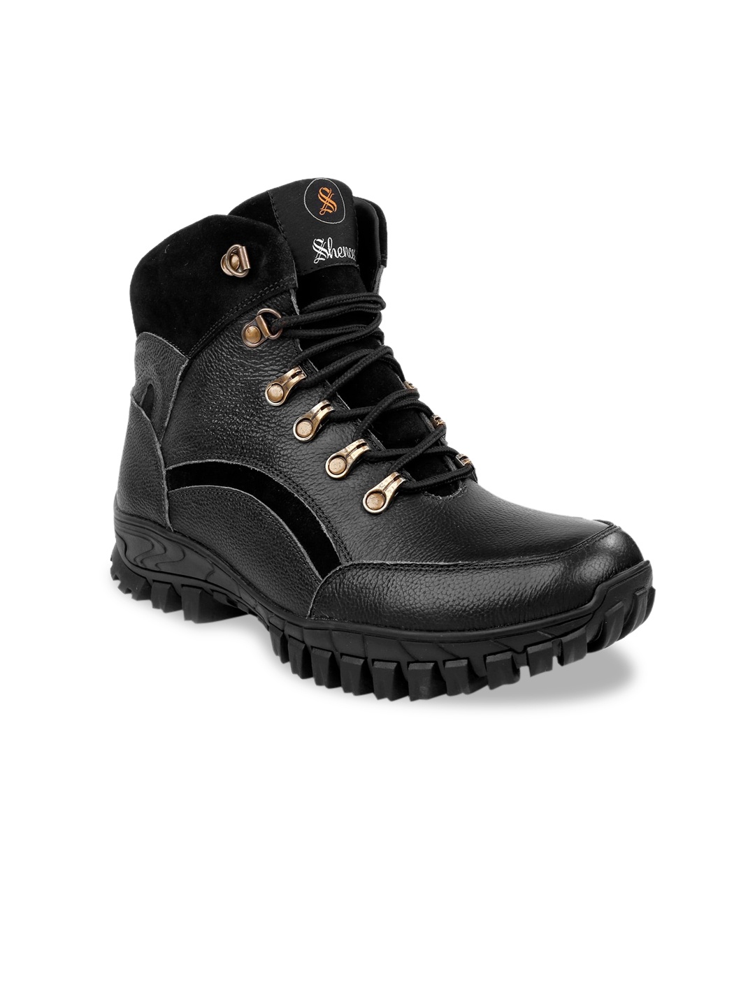 

SHENCES Men Black Leather Flat Boots