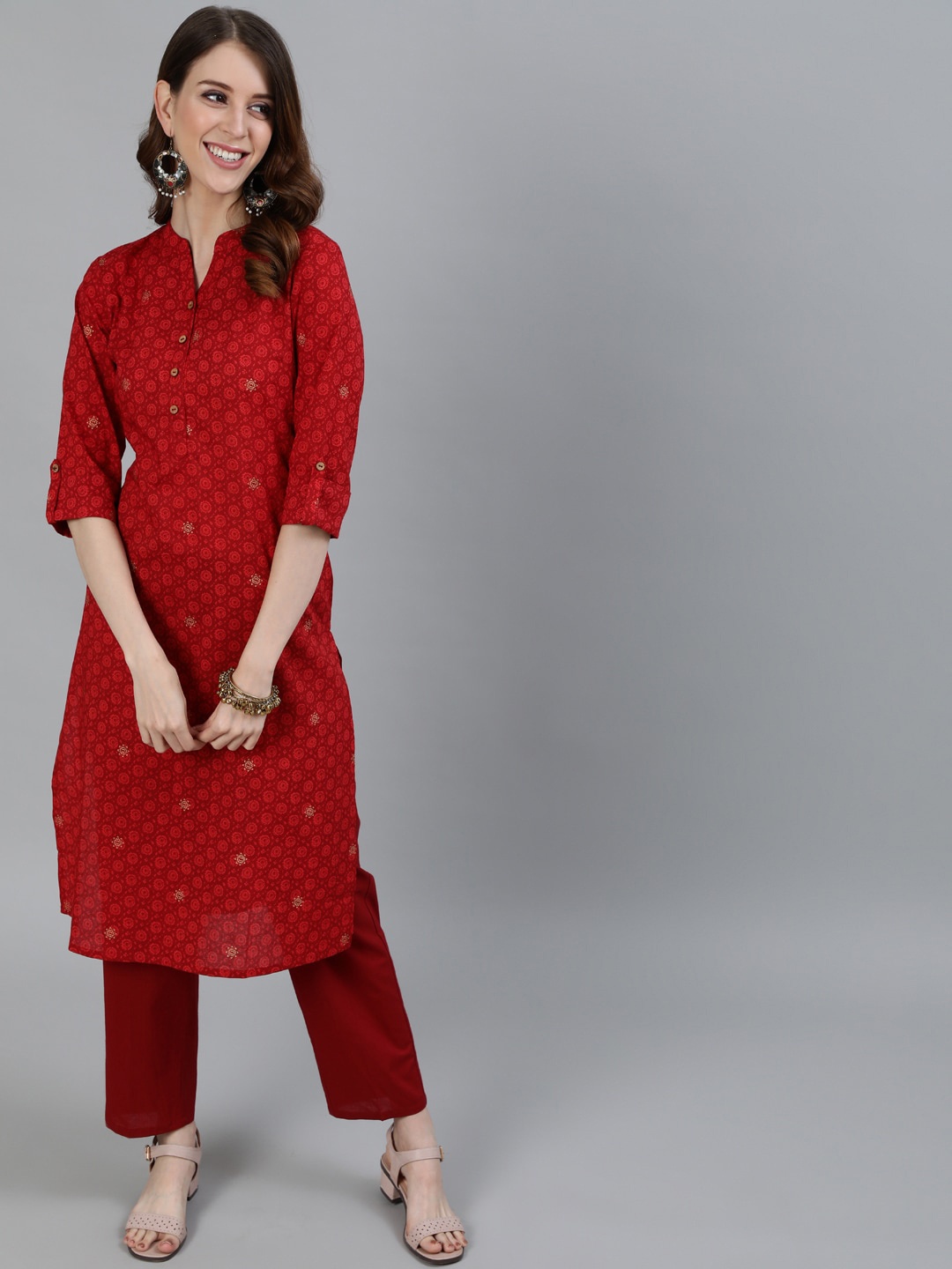 

Ishin Women Red Ethnic Motifs Printed Pure Cotton Kurta with Trousers
