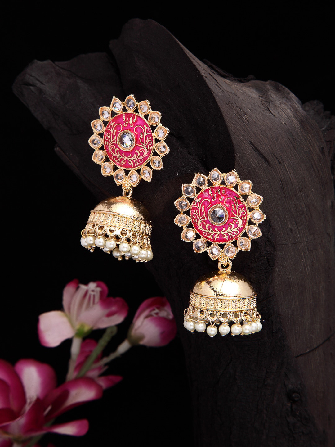 

Shining Diva Gold-Plated & Pink Dome Shaped Jhumkas Earrings