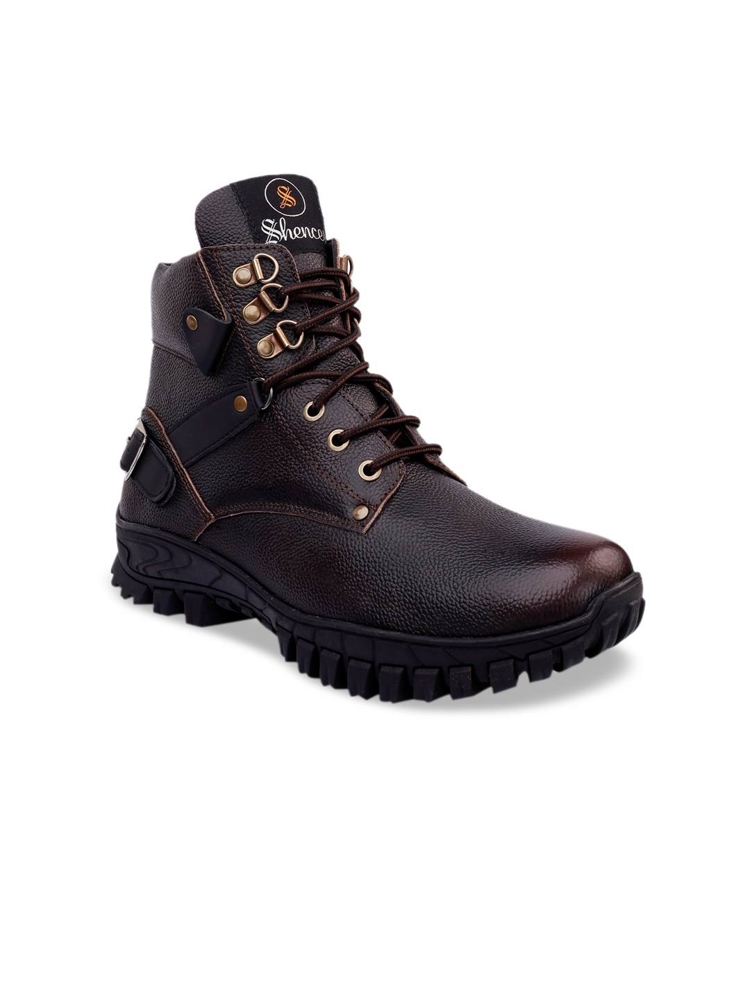 

SHENCES Men Brown Mid-Top Leather Trekking Shoes