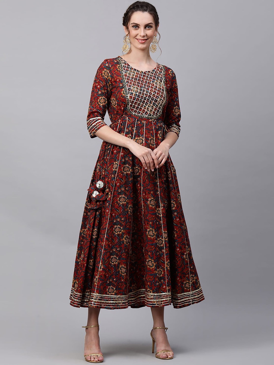

Indo Era Women Maroon & Beige Ethnic Motifs Printed Gotta Patti Anarkali Kurta