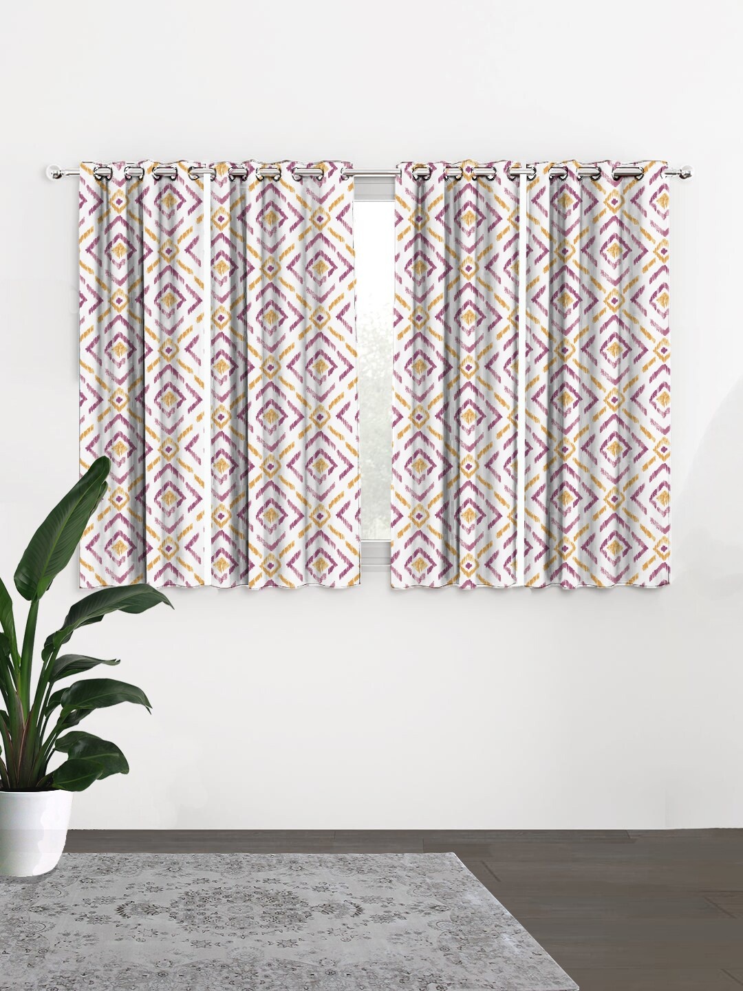 

HOUZZCODE White & Purple Set of 4 Geometric Black Out Window Curtain